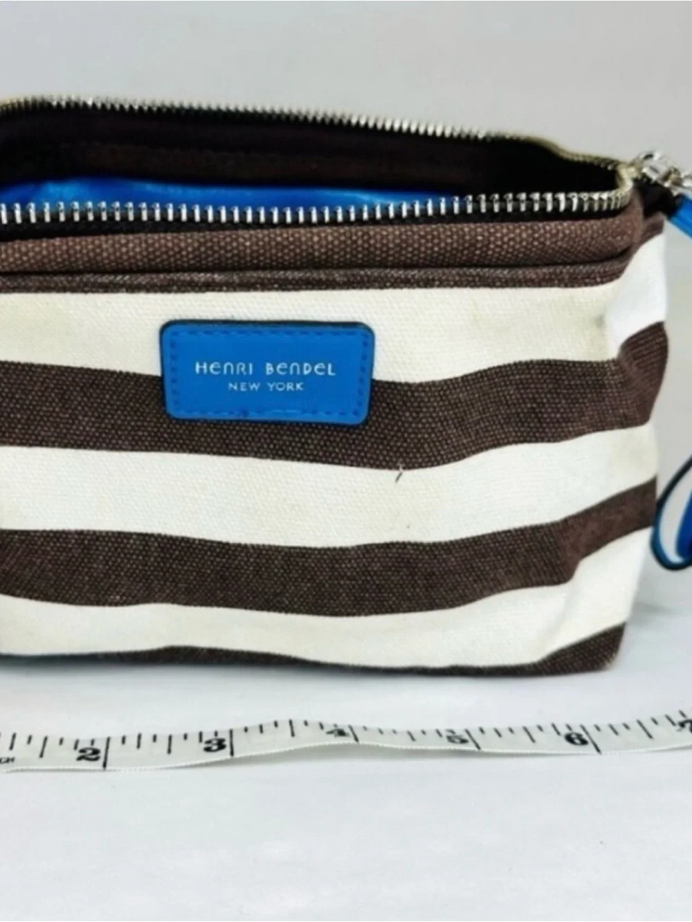 henri bendel Black and White Striped Wristlet with Blue Accent